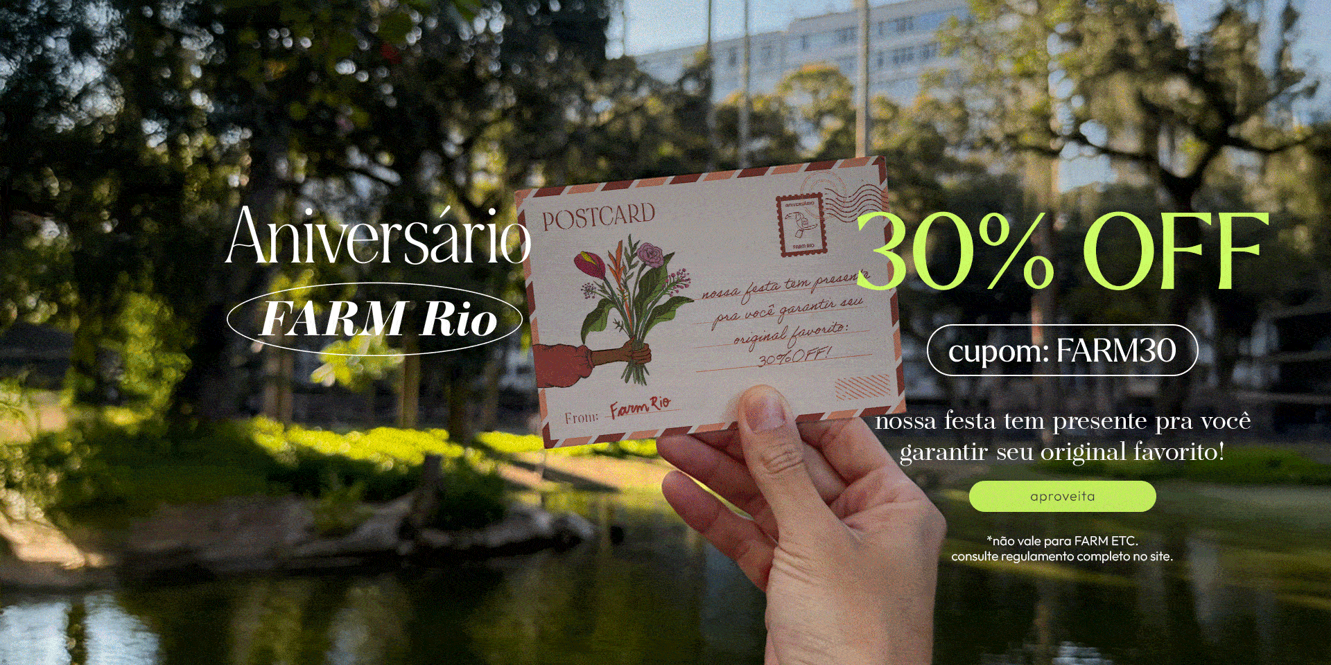 aniversário FARM RIO: tem presente te esperando, usa o cupom FARM30 e aproveita! vale em todas as novidades, no site e no app