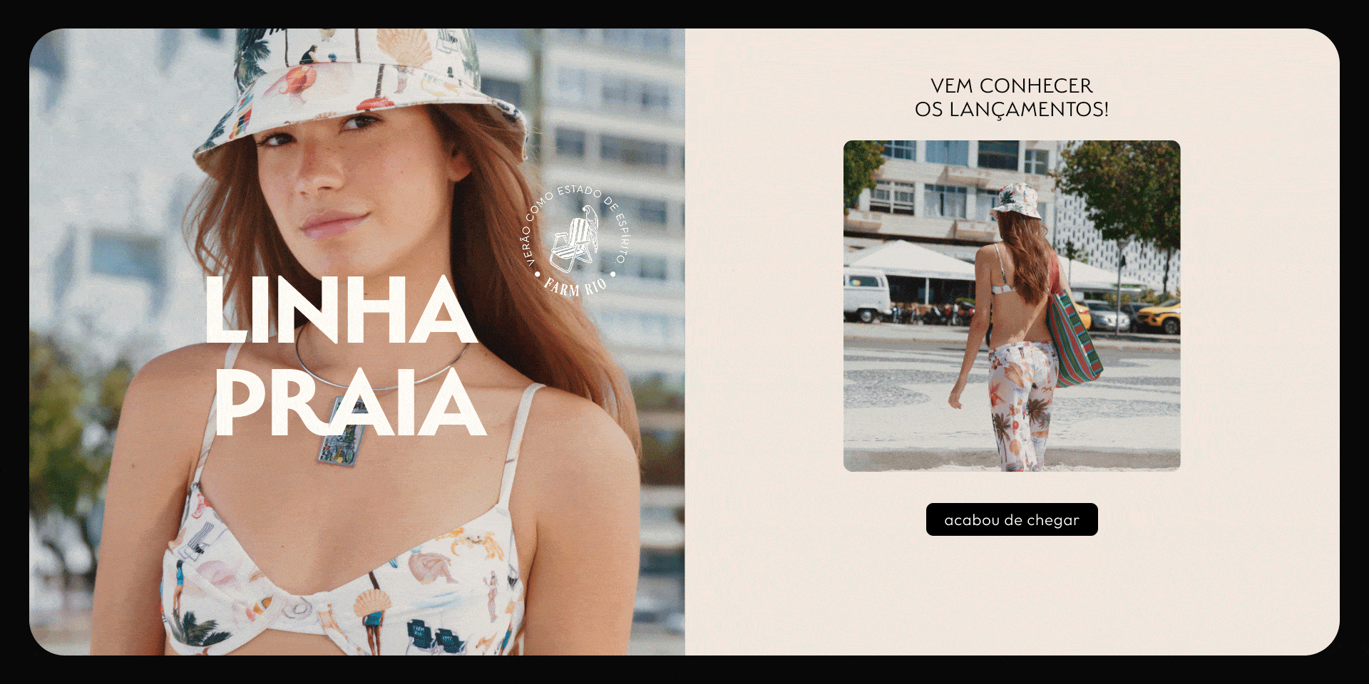 [banner tv linha praia] acabou de chegar: lançamentos na linha praia FARM. modelos de macaquinhos versáteis estampados que vão da praia ao esporte. biquínis de lacinho, acessórios para o cabelo e mais novidades aqui! 