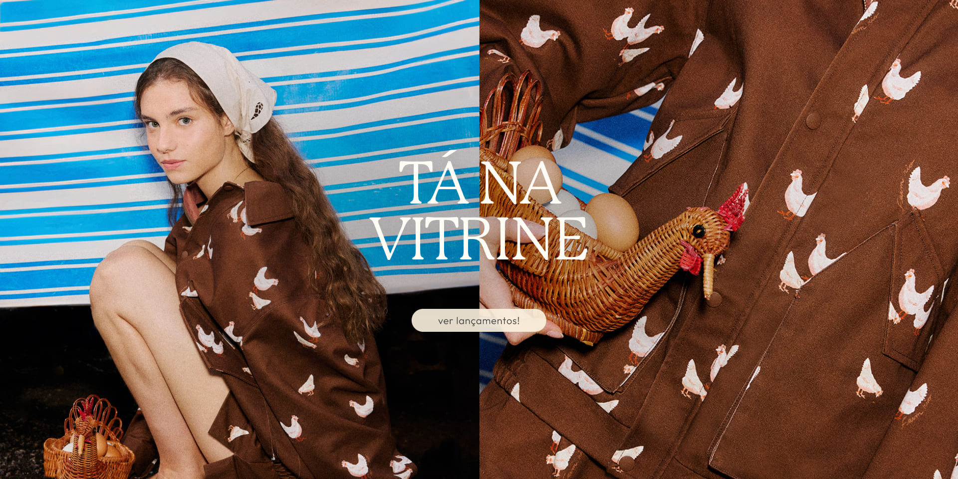 [farm rio] [banner tv vitrine] lançamento: jaqueta marrom estampada galinhas FARM Rio. conheça!