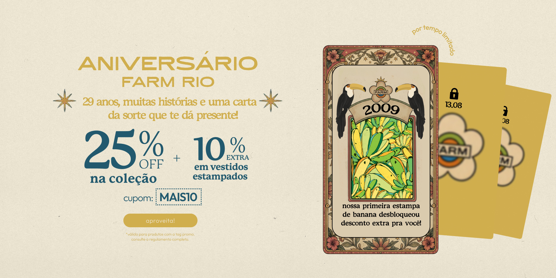 [farm rio] [banner tv promo 25%+10%] aniversário FARM: 25%OFF + 10% extra em vestidos estampados. aproveita!