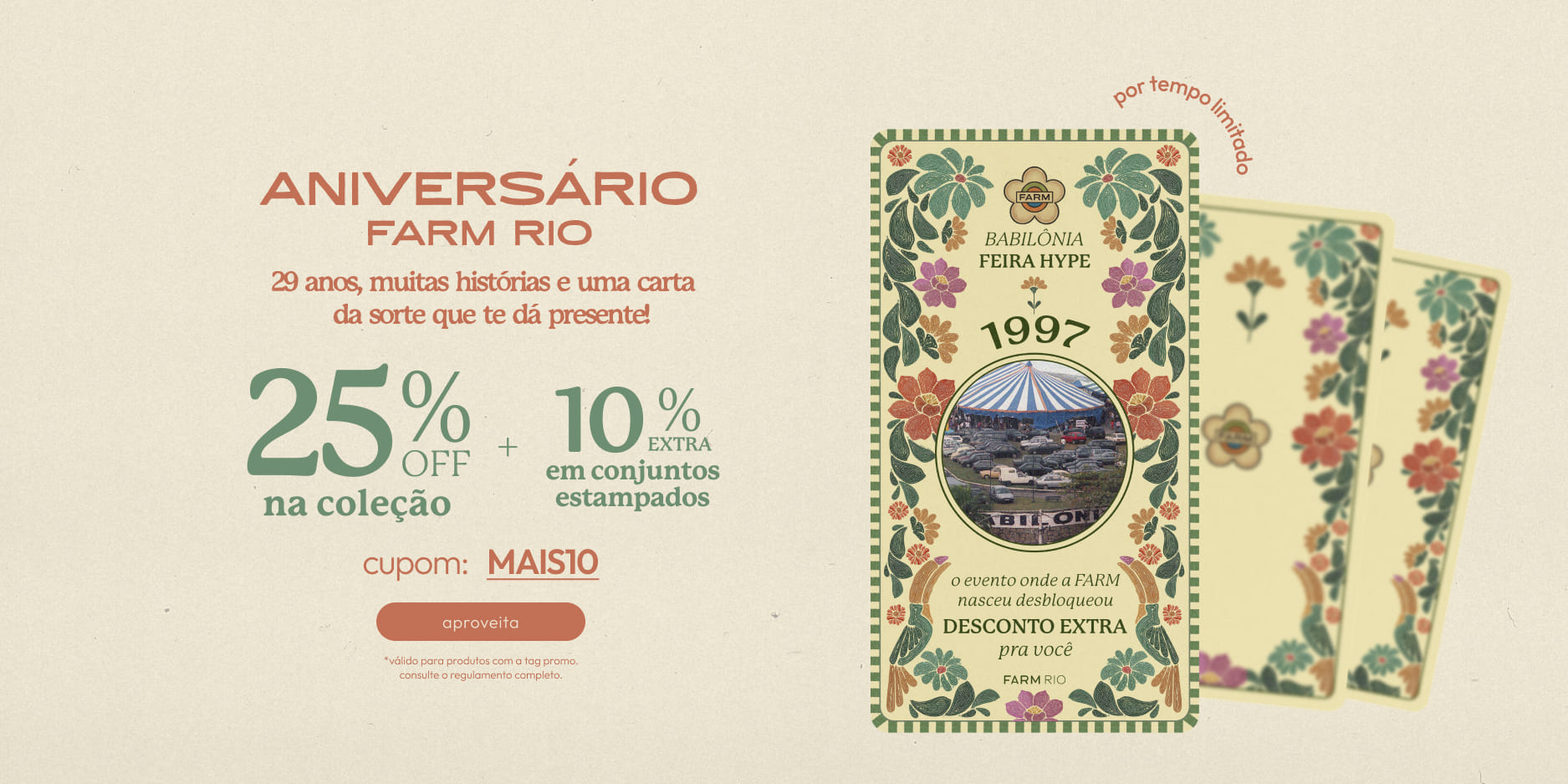 [farm rio] [banner tv promo 25%+10%] aniversário FARM: 25%OFF + 10% extra em conjuntos. cupom MAIS10