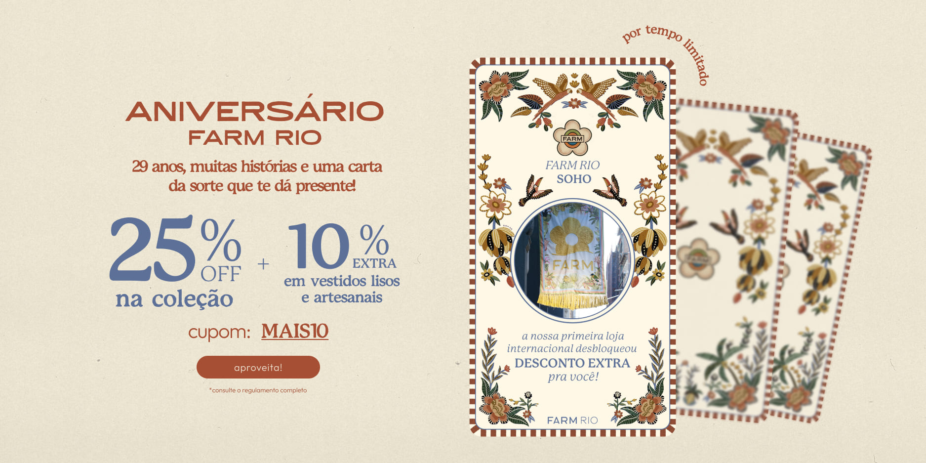 [farm rio] [banner tv promo 25%+10%] aniversário FARM: 25% + 10% extra em vestidos lisos e artesanais. cupom MAIS10